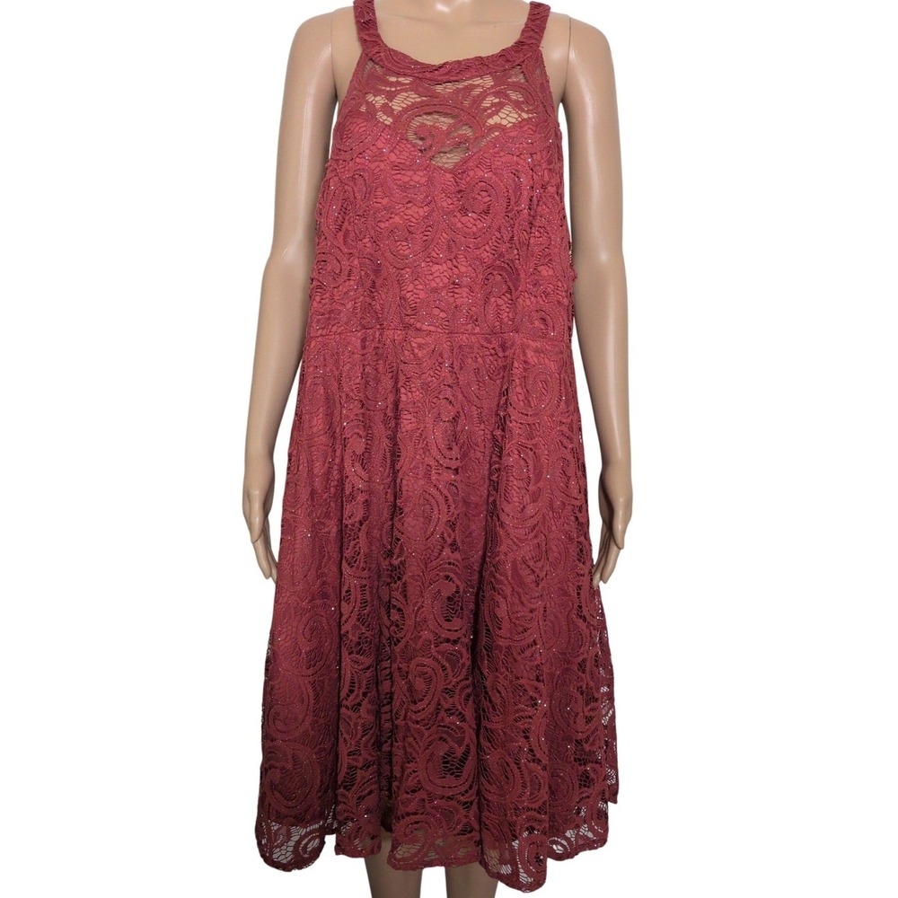 Torrid Marsala Red Glitter Floral Lace Halter Skater Dress Plus Size 20 NEW